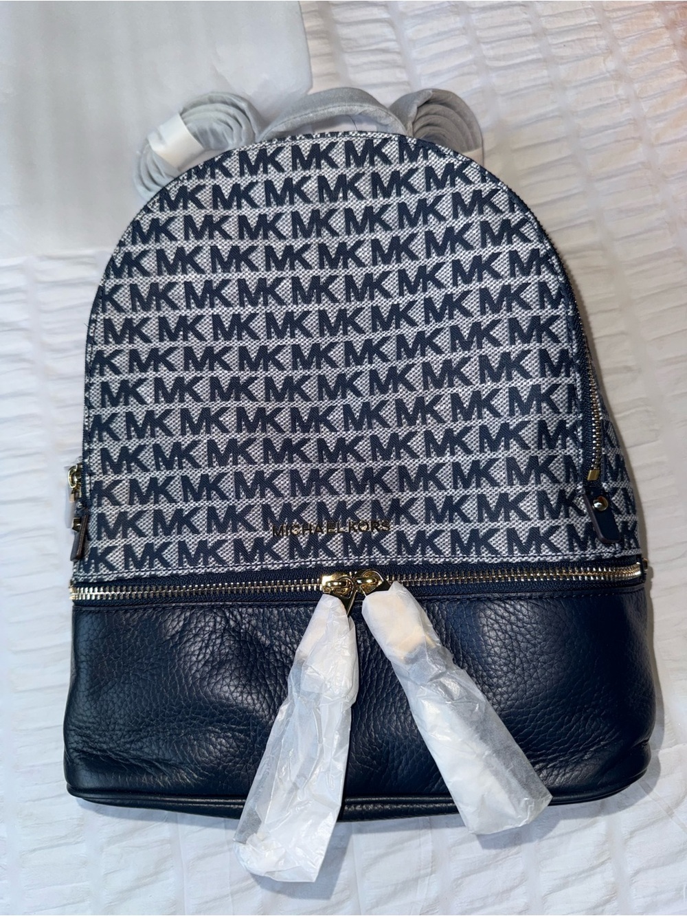 Michael Kors Backpack Navy MK Logo Leather Rhea Zip NWT !